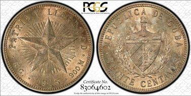 1915 20C Low Relief, Fine Reeding KM-13.2 MS63