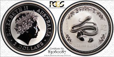 2001 $2 Year of the Snake 2oz Ag MS69