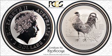2005 $2 Year of the Rooster 2oz Ag MS69