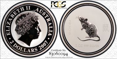2007 $2 Year of the Rat 2008  2oz Ag MS69