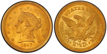 1843-O $2.50 Small Date MS63+