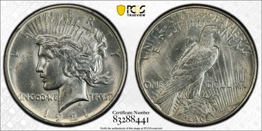 1921 $1 High Relief, Peace MS62