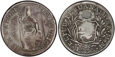(1832-34) 8 R KM-83 C/M on Peru 8R VF25
