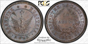 1828 10 Lep Error KAH on rev. MS62BN
