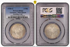 1936-G 5 Mk Swastika J-367 MS63