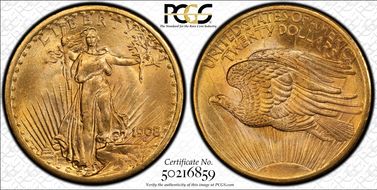 1908 $20 No Motto MS66