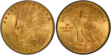 1908-D $10 Motto MS66