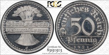 1921-E 50 Pfg J-301 PR65DCAM
