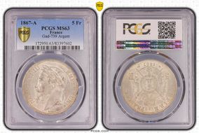 1867-A 5 Fr Gad-739 F-331 Argent MS63