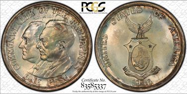 1936-M Peso Roosevelt-Quezon KM-177  Ag MS67