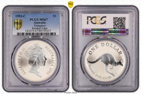 1993-C $1 Kangaroo Ag Reeded Edge MS67