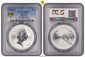 1994-C $1 Kangaroo Ag Reeded Edge MS69