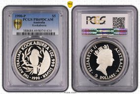 1990-P $5 Kookaburra Ag PR69DCAM