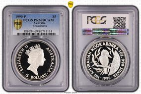 1990-P $5 Kookaburra Ag PR69DCAM