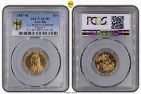 1887-M Sov S-3867A DISH M7 1st Obv Angled J AU58