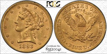 1893 $5 MS62