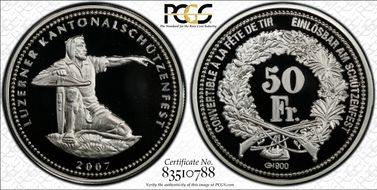 2007 50 Fr Luzerne Haberling-77b Gold 50g PR69DCAM