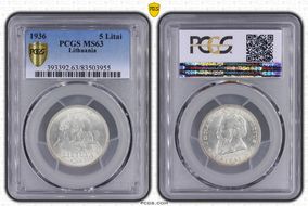 1936 5 Litai Jonas Basanavičius ↑↑ KM-82  Ag MS63