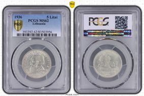 1936 5 Litai Jonas Basanavičius ↑↑ KM-82  Ag MS62