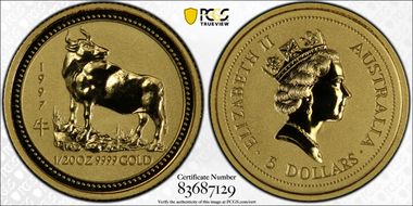 1997 $5 Year of the Ox 1/20oz Au MS69