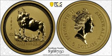 1997 $5 Year of the Ox 1/20oz Au MS69