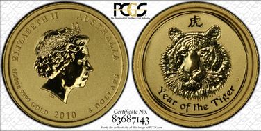 2010-P $5 Year of the Tiger 1/20oz Au MS67