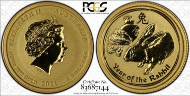 2011-P $5 Year of the Rabbit  1/20oz Au MS69