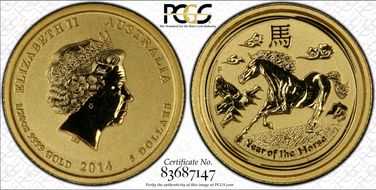 2014-P $5 Year of the Horse  1/20oz Au MS66