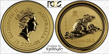 1996 $15 Year of the Rat 1/10oz Au MS69
