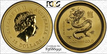 2000 $15 Year of the Dragon 1/10oz Au MS64