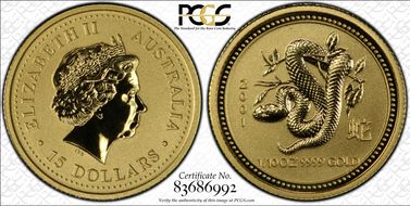 2001 $15 Year of the Snake 1/10oz Au MS69