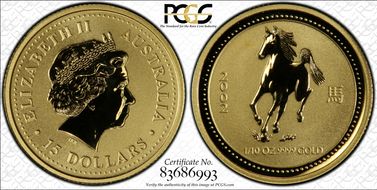 2002 $15 Year of the Horse 1/10oz Au MS69