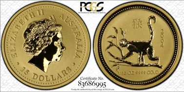 2004 $15 Year of the Monkey 1/10oz Au MS69