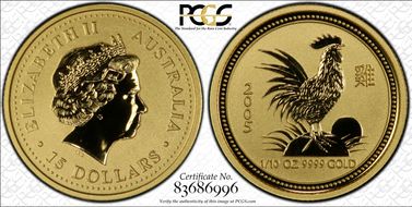 2005 $15 Year of the Rooster  1/10oz Au MS69