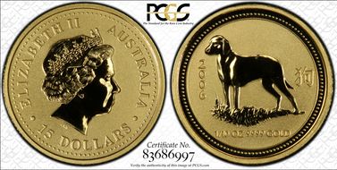 2006 $15 Year of the Dog 1/10oz Au MS69
