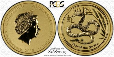 2013-P $15 Year of the Snake 1/10oz Au MS69