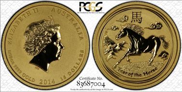 2014-P $15 Year of the Horse 1/10oz Au MS69