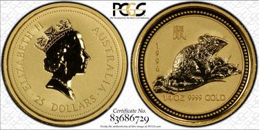 1996 $25 KM-299 Year of the Rat  1/4oz Au MS69