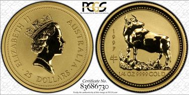1997 $25 Year of the Ox KM-336  1/4oz Au MS69