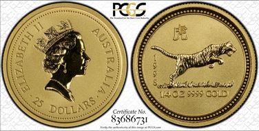 1998 $25 KM-507 Year of the Tiger 1/4oz Au MS69