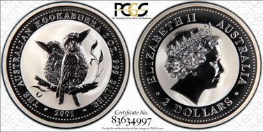 2001 $2 Kookaburra 2oz Ag MS70