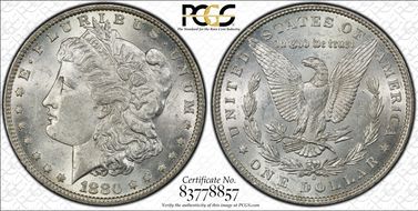 1880-O $1 VAM 6A 8/7 Ear AU58