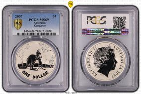 2007 $1 Kangaroo-Rolf Harris CuNi Frosted Uncirculated MS69