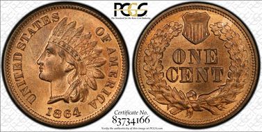 1864 1C L on Ribbon MS65RD
