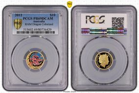 2012 $10 Year of the RAM Dragon  1/10oz Au Colorized PR69DCAM