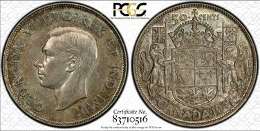 1947 50C Wide Date Curved 7 AU58