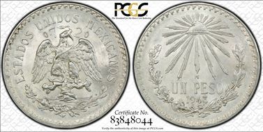 1943-M Peso KM-455  Ag MS65