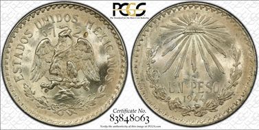 1944-M Peso KM-455  Ag MS66