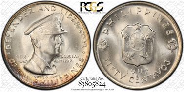 1947-S 50C Douglas MacArthur KM-184  Ag MS66+