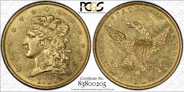 1834 $5 Classic Head, Crosslet 4 AU58